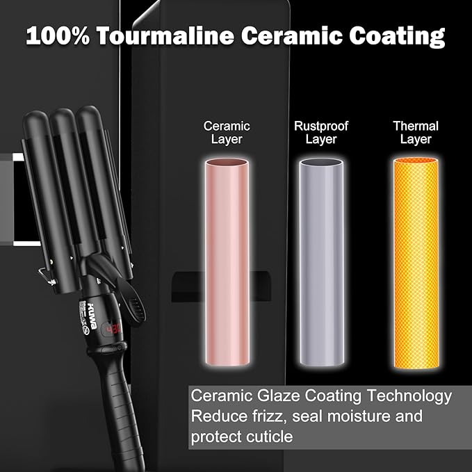 kuwa Crimper Hair Tool,15 Variable Temperature Beach Waves Curling Iron,3 Barrel Curling Iron,Hair Crimper for Women,HairWaver with LCD Temperature Display