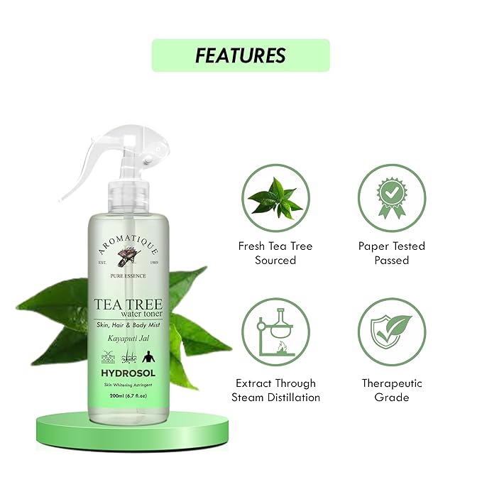 Aromatique Natural Tea Tree Water Toner/Mist Spray/Hydrosol -Hydrating, Refreshing Skin & Hair Care Solution - Ph Balancing, Acne-Fighting, Daily Use Formula 200ml