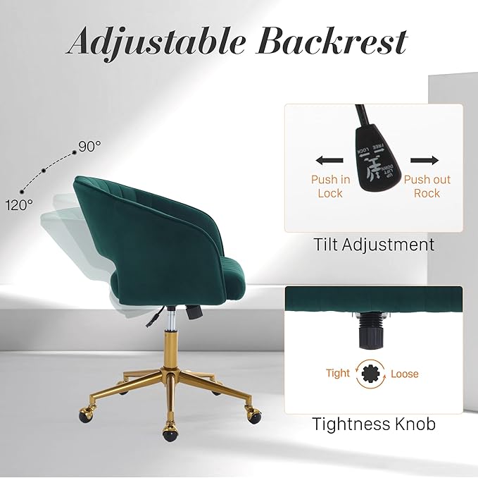 Home Office Swivel Desk Chair, Modern Velvet Vanity Chair, Height Adjustable Armchair with Gold Base, Ergonomic Office Chair for Task Study Computer Room, Dark Green