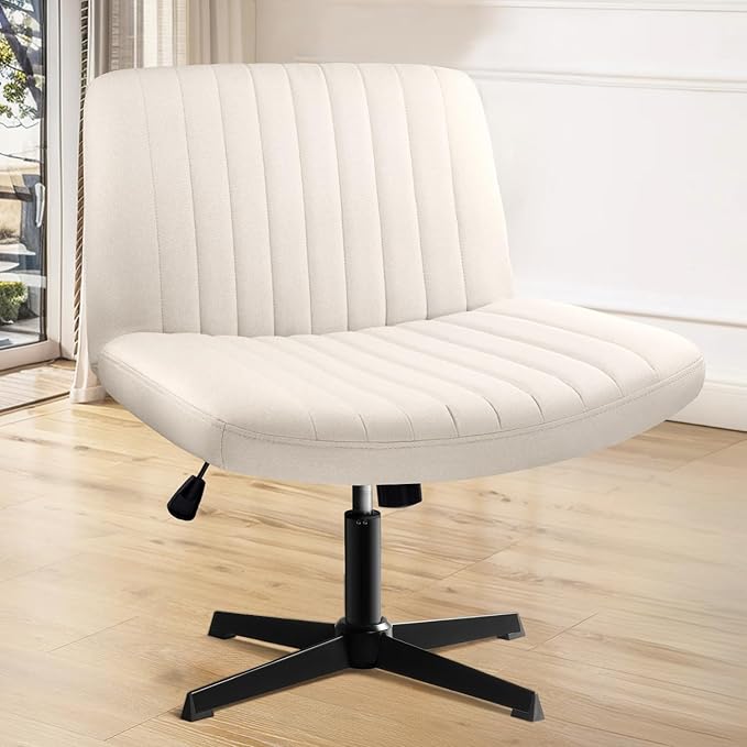 Criss Cross Chair, Cross Legged Desk Office Vanity Chair, Comfortable Beige Vanity Stool with Back, Armless Fabric Adjustable Wide Swivel Criss Cross Desk Chair for Home Office