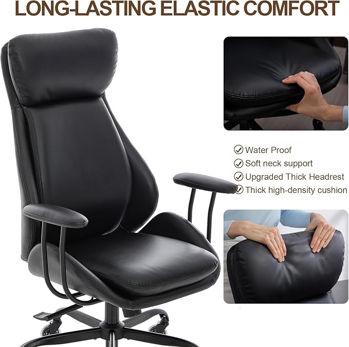 Office Chair, Leather Desk Chair with Rubber Wheels, Ergonomic Computer Chair 500 LBS with Lumbar Support, High Back Executive Chair for Modern Home Office, Black