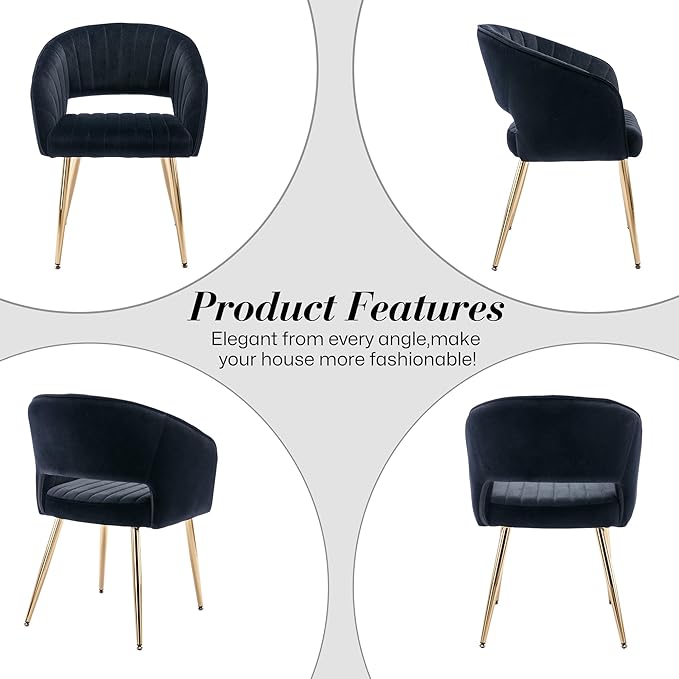 Modern Velvet Vanity Chair, Home Office Desk Chair with Hollow Back, Upholstered Dining Chair with Gold Metal Legs, Comfy Accent Armchair for Living Room Bedroom, Black