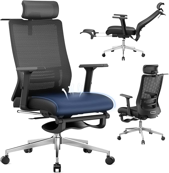 Ergonomic Office Chair with Footrest, 145° Reclining, Adjustable Lumbar & Headrest, 3D Armrests, Silent Casters, Heavy Duty Steel Base, 350 LB Capacity, Swivel Desk Chair for Home Office