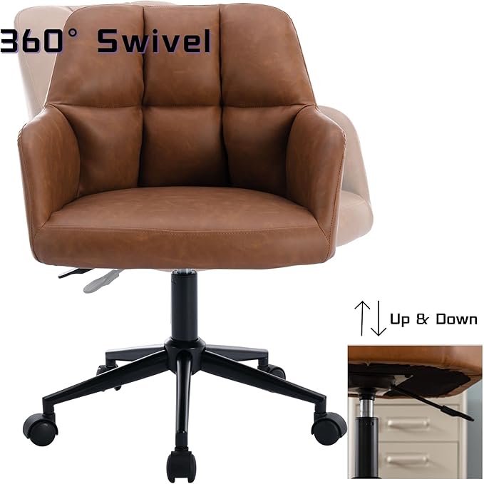 Modern PU Leather Office Desk Chair with Armrest, Height Adjustable Wide Seat Computer Task Chair for Home Office, Mid Back Accent Chair, Brown