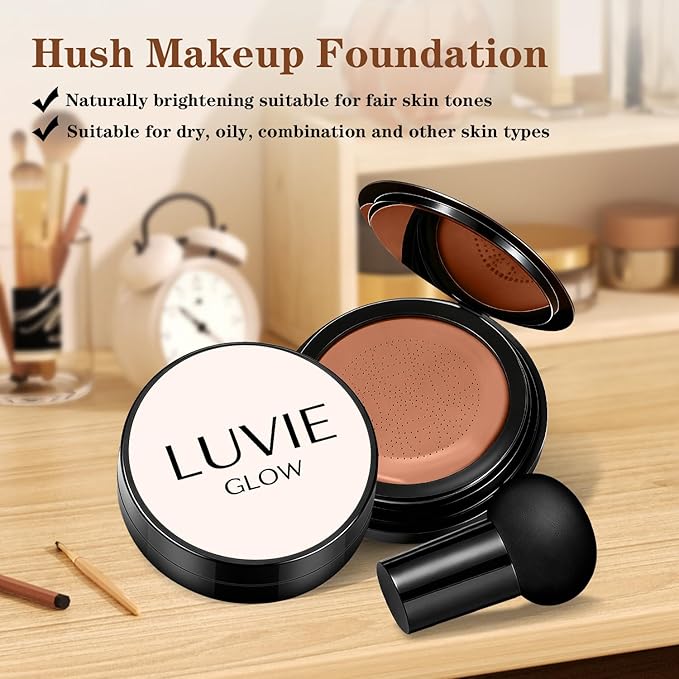 Cushion Foundation/Mushroom Head Air Cushion BB Cream/Long Lasting Hydrating Light Coverage for All Skin Types, Natural Color/Luvie (Mocha)