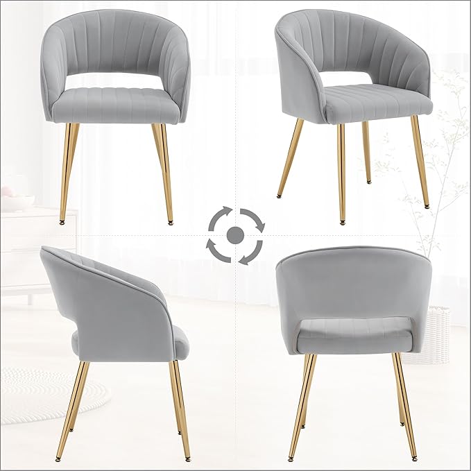 ABET Desk Chair with No Wheels, Velvet Home Office Armchair Gold Legs, Upholstered Modern Accent Chairs, Side Chair for Living Room Bedroom Vanity, Grey