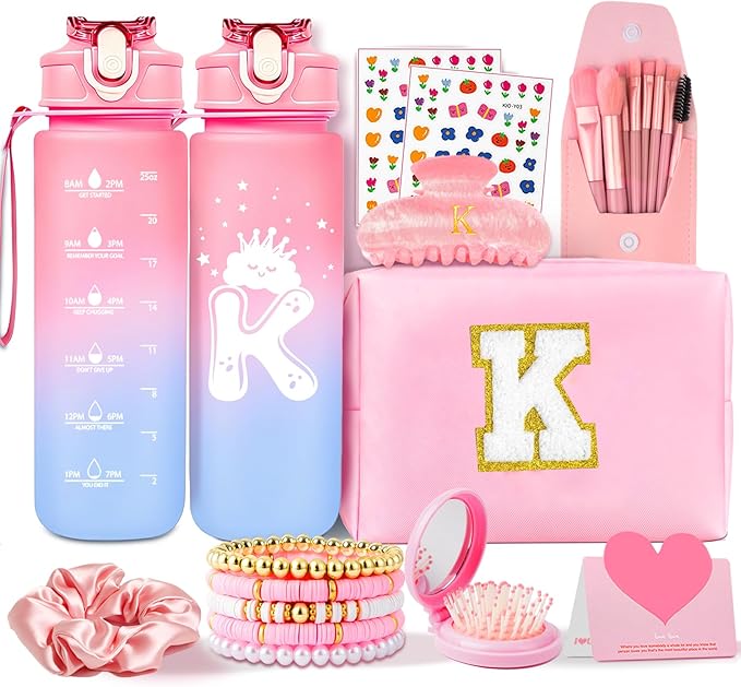 Initial Makeup Bag - Birthday Gifts for Girls 4 5 6 7 8 9 10 11 12 Year Old Teen Girls, Personalized Teen Girl Gifts- Preppy Cosmetic Bags Cute claw clips for Kids Women (K)
