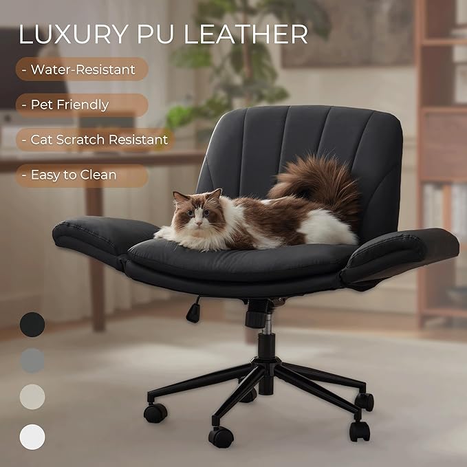 Dowinx Criss Cross Chair with Five-Level Adjustable Arms and Wheels - Comfortable Ergonomic PU Leather Swivel Vanity Chair - Computer Makeup Gaming Chair for Home Office, Bedroom, Living Room (Black)
