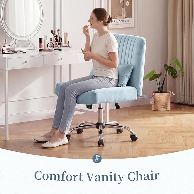 Criss Cross Office Chair with Wheels, Velvet Cross Legged Desk Chair for Bedroom, Armless Computer Chair, Modern Vanity Chair, Festival for Adults, Light Blue