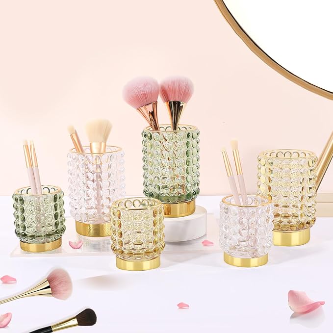 DASITON Makeup Brush Holder Organizer, Crystal Cosmetic Make Up Brush Holder, Glass Makeup Brushes Storage Organizer, Vintage Make Up Cup Desk Pen Pencil Holder, Toothbrush Holders (Green L)