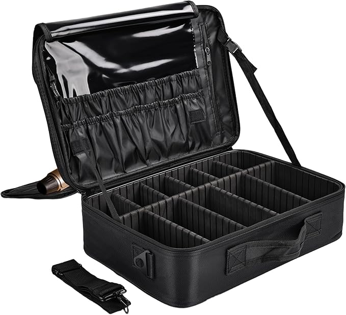 Professional Makeup Train Case with Brush Holder, Large Makeup Travel Bag Organizer, Portable Cosmetic Carry Case 3 Layer Makeup Artist Storage Box with Adjustable Dividers and Shoulder Strap, Black