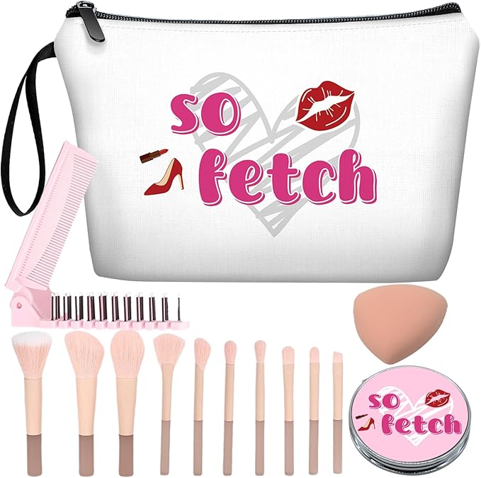 Personalized funny so fetch Makeup Bag set with Mirror for Women,cool white Cosmetic bag kit for Bride Bridesmaid with pink brush set,so fetch Gifts for Women Mom Girls femal Friends