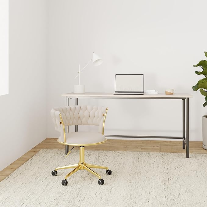 NIOIIKIT Velvet Office Desk Chair with Hand Woven Backrest, 360° Swivel & Height Adjustable Task Chairs, Makeup Chair, Living Room Chairs with Stainless Base and 5 Wheels (Ivory)
