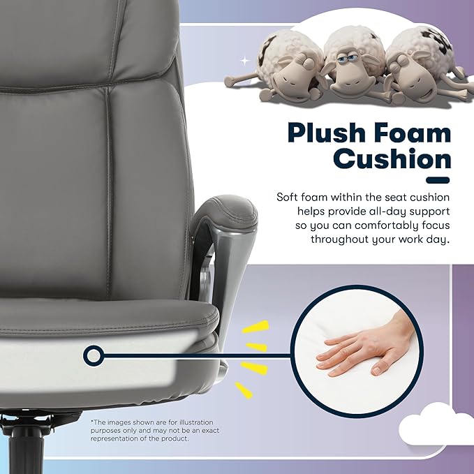 Serta Fairbanks Big and Tall Executive Office Chair - Ergonomic High Back Computer Desk Chair with Lumbar Support, Memory Foam Seat Cushion, Padded Armrests, Bonded Leather, 350 lb Capacity - Gray