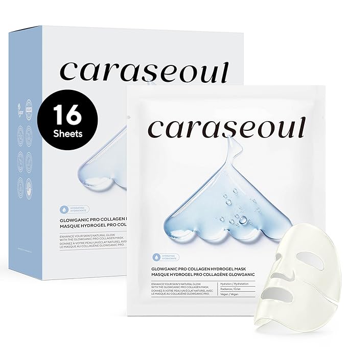 caraseoul Glowganic Pro Collagen Face Mask, Hydrogel Korean Face Mask with Niacinamide & Adenosin, Radiance Boost, Hydrating Overnight Sleep Mask, Vegan, Korean Skin Care [1.19oz (34g) x 16ea]