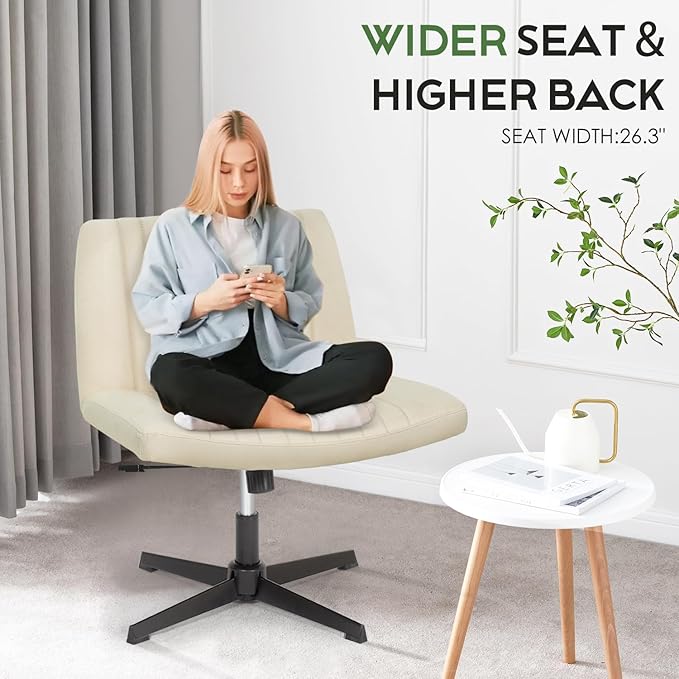 PayLessHere | Criss Cross Chair | Beige | Wide, Armless Desk Chair Without Wheels | 360 Swivel, Height Adjustable & Stable Metal Base | for Office, Home Office, Vanity Seating