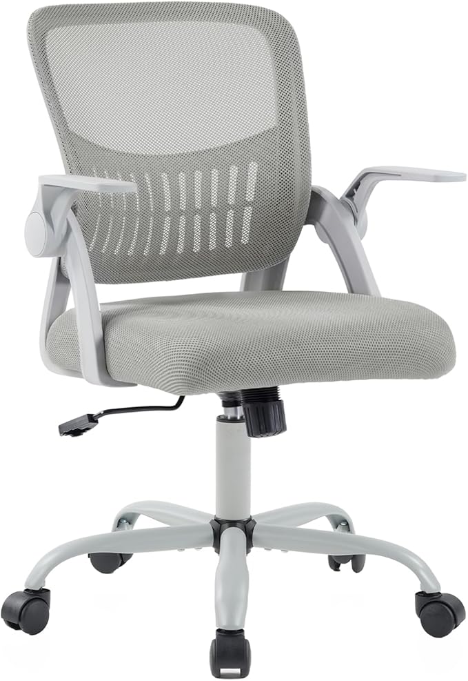 DUMOS Home Office Computer Chair - Ergonomic Mid Back Desk with Lumbar Support and Rocking Mode, Height Adjustable with Flip-up Armrest, for Conference Meeting Room, 360° Swivel, Adults, Grey