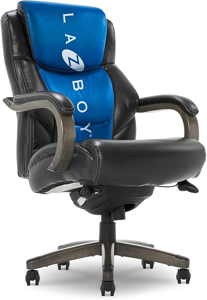 La-Z-Boy Delano Big and Tall Executive Office Chair - Ergonomic Lumbar Support Memory Foam - Bonded Leather Desk Chair for Home Office - Weathered Grey Wood Arms - Black