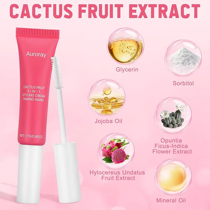 3-In-1 Styling Cream & Taming Wand Gel with Slick Back Brush Set,Cactus Fruit Fly Away Stick for Adult Women and Men Hair,Tame Flyaways, Smooth Frizz,0.6 OZ