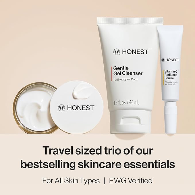 Honest Beauty The Icons Skincare Trio Travel Kit, Mini Hydrogel Cream, Gentle Gel Cleanser, Vitamin C Radiance Serum for Sensitive Skin, Vegan