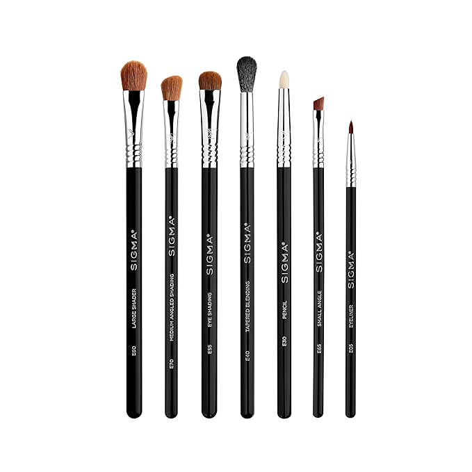 Sigma Beauty Basic Eye Brush Set — Classic Eye Makeup Brushes with Premium Fibers and Sleek, Durable Handles for Eyeliner, Eyeshadow, & Eyebrows, Includes 7 Black Makeup Brushes