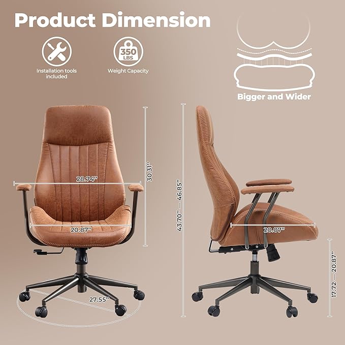 ovios Ergonomic Office Chair, High Back Faux Leather Executive Chairs with Armrests, Comfy Mid-Century Modern Swivel Rolling Computer Armchair (Brown, Suede Leather)