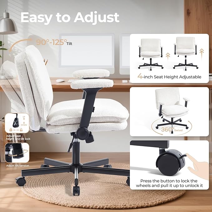 Criss Cross Chair with Flip-Up Arms and Lockable Wheels, Plush Fabric Cross Legged Office Desk Chair，Wider 125°Tilting Adjustable Swivel Chai r for Home, Apartment, Bedroom,Pearl White