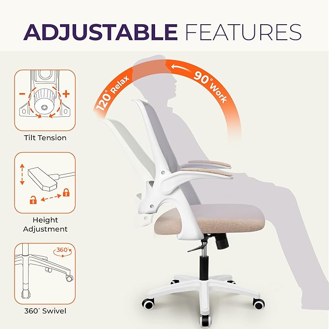 NEO CHAIR Office Desk Computer Gaming Ergonomic Chair with Lumbar Back Support Adjustable Height Swivel Wheels Flip-up Arms Mesh Chair for Home or Office (Beige)