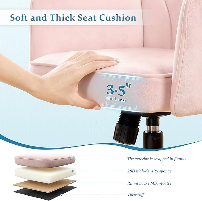 Vanity Chair with Wheels & Back,Pink Vanity Chair Adjustable Height Comfy Desk Chairs for Makeup, Work & Relaxation，Pink