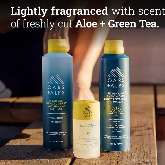 Oars + Alps After Sun Spray, After Sun Care Spray with Aloe Vera, Kukui Oil & Niacinamide & Green Tea Scent to Naturally Cool Skin, Hydrating, Soothing, Non Greasy, 6oz