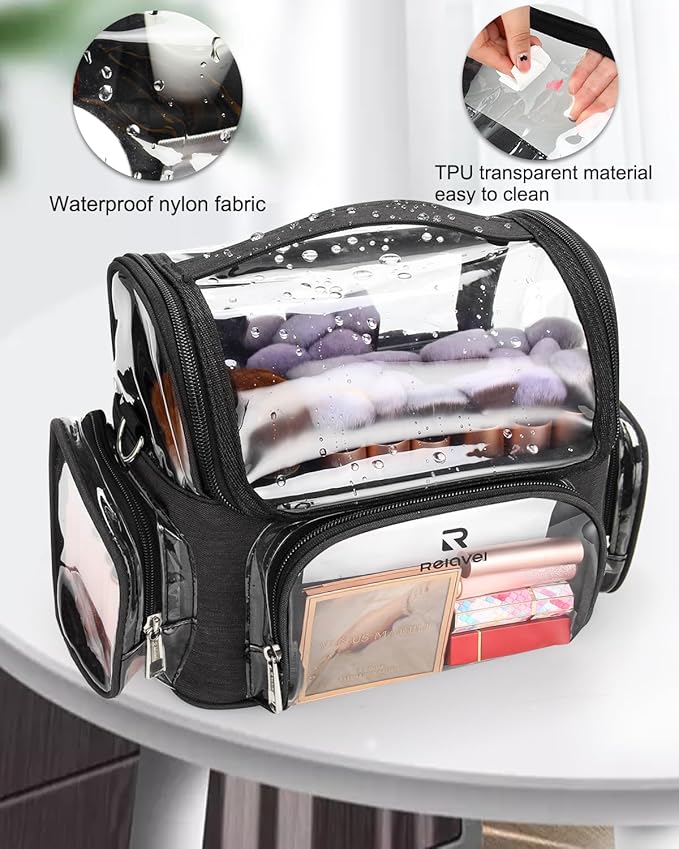Makeup Brush Bag With 4 Mini Pouches, Makeup Brush Holder Professional Makeup Artist Travel Case Clear Waterproof Cosmetic Organizer Bag, with Adjustable Strap and Dividers