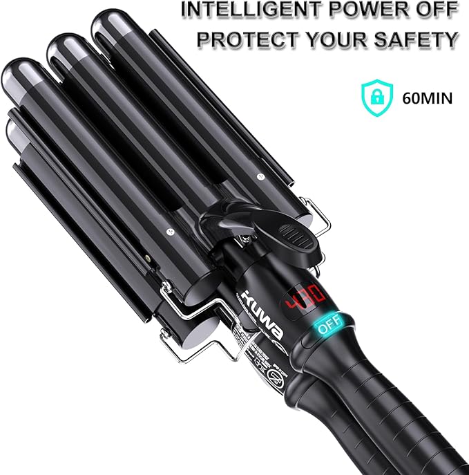 kuwa Three Barrel Curling Iron,Hair Crimper with LCD Temperature Display,1 Inch Crimper Hair Tool,Dual Voltage Hair Crimper,Beach Waver Curling Iron (Black)