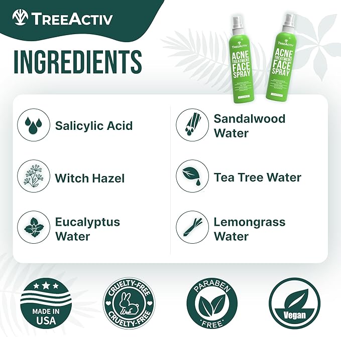 Acne Face Spray, 4 fl oz Facial Spray with Witch Hazel, Salicylic Acid for Acne Prone and Oily Skin, for Hormonal, Severe Cystic Acne, Skin Clearing Toner, 1000 Sprays