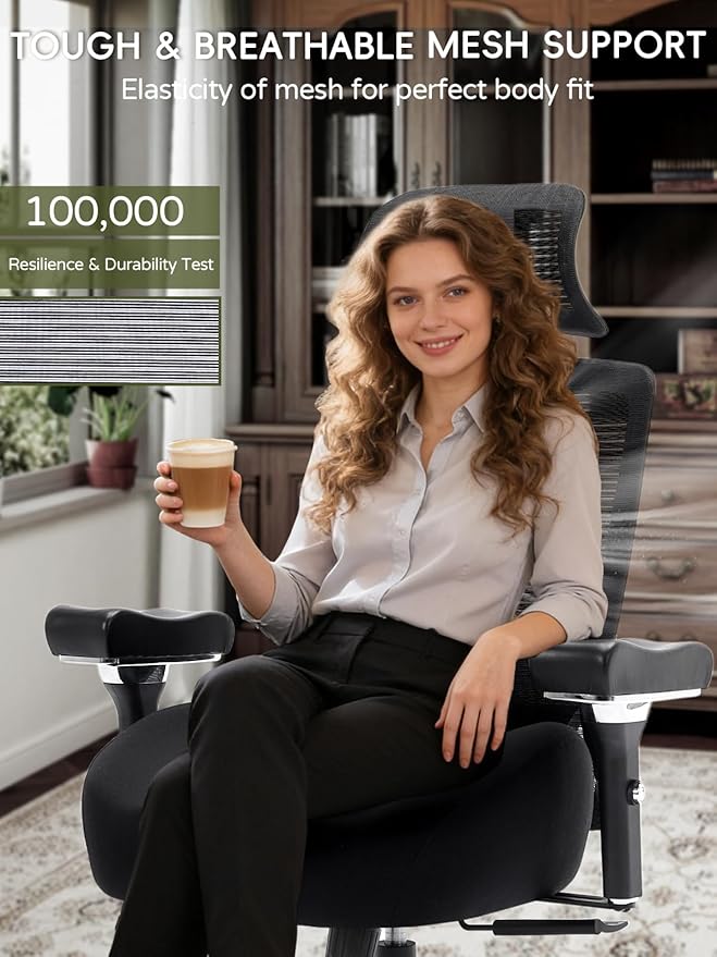 Big and Tall Office Chair 550lbs, Ergonomic Desk Chair with W Thick Cushion&4D Armrest, Executive Mesh Desk Chair with Adjustable Lumbar Support, 2D Headrest, Swivel Task Chairs for Home Office Gaming
