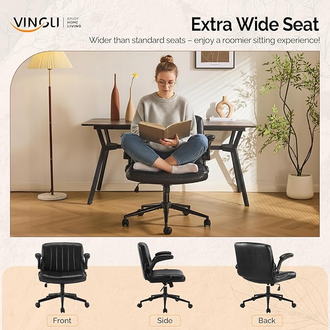 VINGLI Criss Cross Chair with Adjustable Flip-Up Arms,Cross Legged Chair with Wheels, Extra Wide Office Chair,Comfortable Desk Chair for Home Office, Vanity, Bedroom, PU Leather,Black