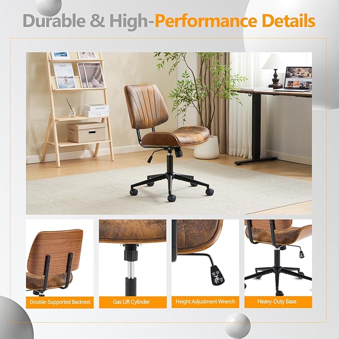 VINGLI Wide Curved Seat&Back Armless Home Office Chair,Ergoromic Adjustable-Height Desk Chair,Swivel&Tilting Function,Stylish Walnut Task Chair for Meeing Room,Dining Room,Vintage Rustic