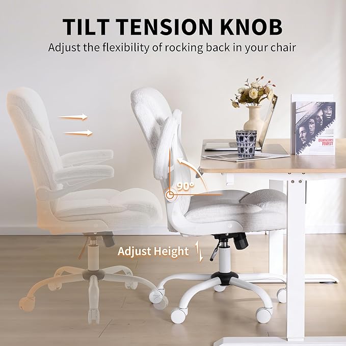 Home Office Ergonomic Desk Chair - Comfy Leather Executive Chair with Flip-Up Armrests, Lumbar Support, 360° Swivel & Rocking (White)