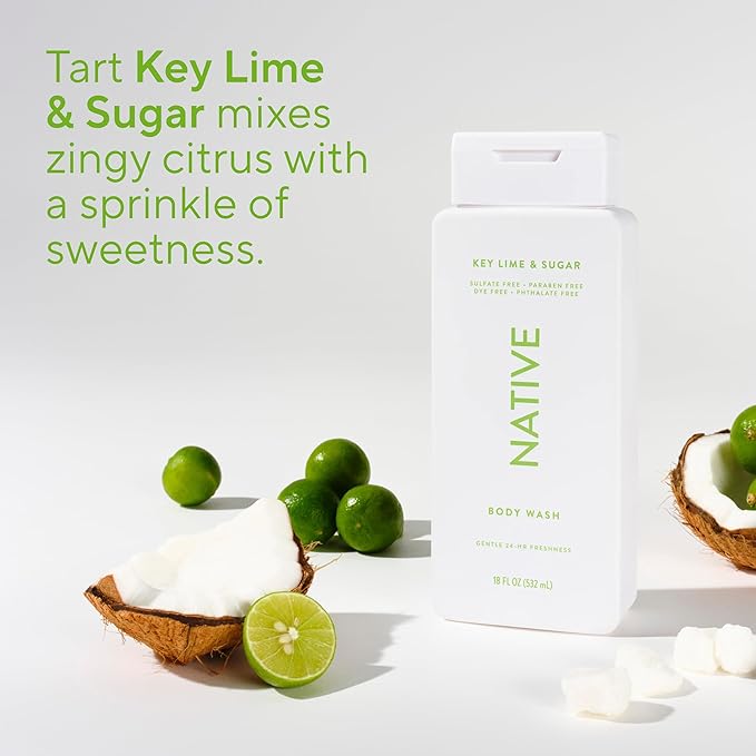 Native Body Wash Contains Naturally Derived Ingredients | For Women & Men, Sulfate, Paraben, & Dye Free Leaving Skin Soft and Hydrated | Key Lime & Sugar 18 oz