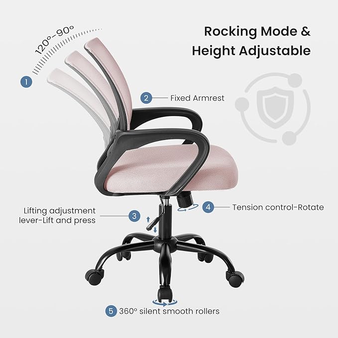 DUMOS Home Office Chair - Ergonomic Mid Back Mesh Desk Chair with Lumbar Support & Rocking Mode, Height Adjustable with Fixed Armrest, for Computer, Gaming, Meeting, Pink, 2 Pack