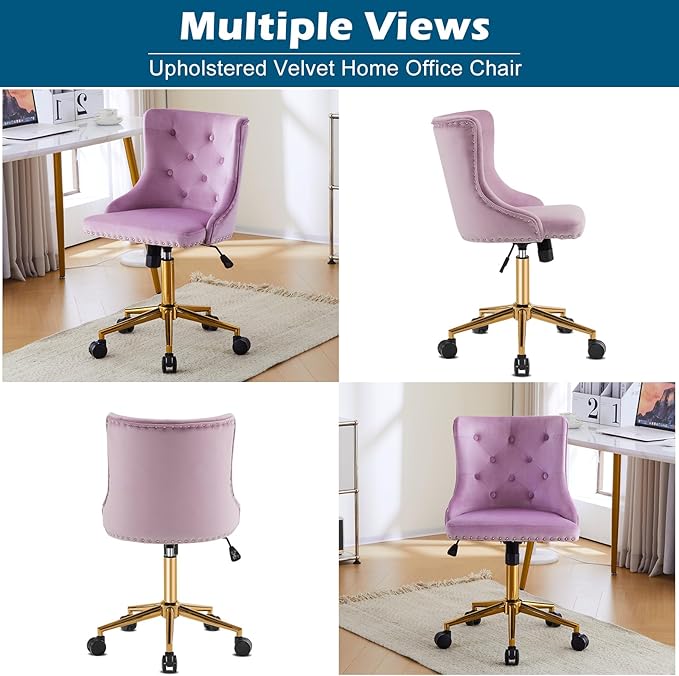 VINGLI Mauve Purple Armless Home Office Desk Chair with Gold Base/Wheels, Small Cute Vanity/Makeup Chair with Back for Bedroom, Upholstered Adjustable Rolling Swivel Nail Chair for Women/Girls