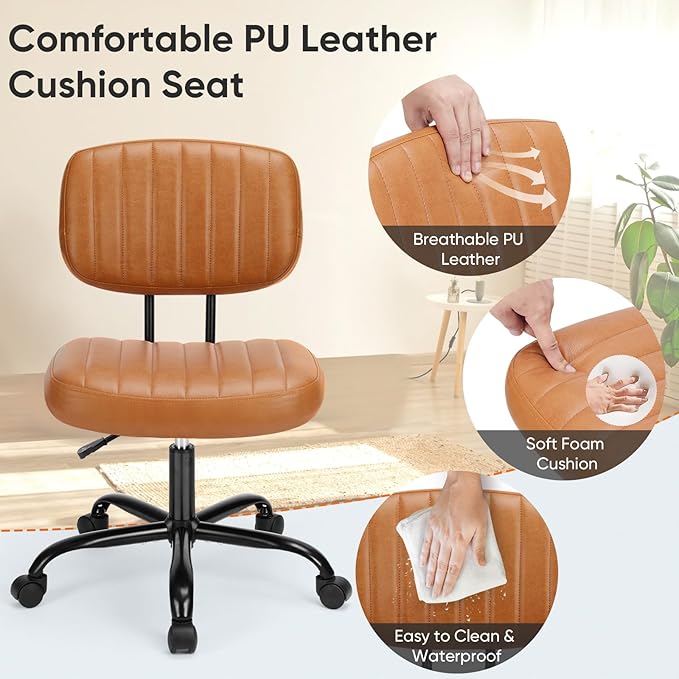 DUMOS Small Office Desk Chair - Armless PU Leather with Comfy Lumbar Support, Height Adjustable Rolling Swivel Task for No Arms, for Adult, Student, Bedroom, Home, Vanity, Brown