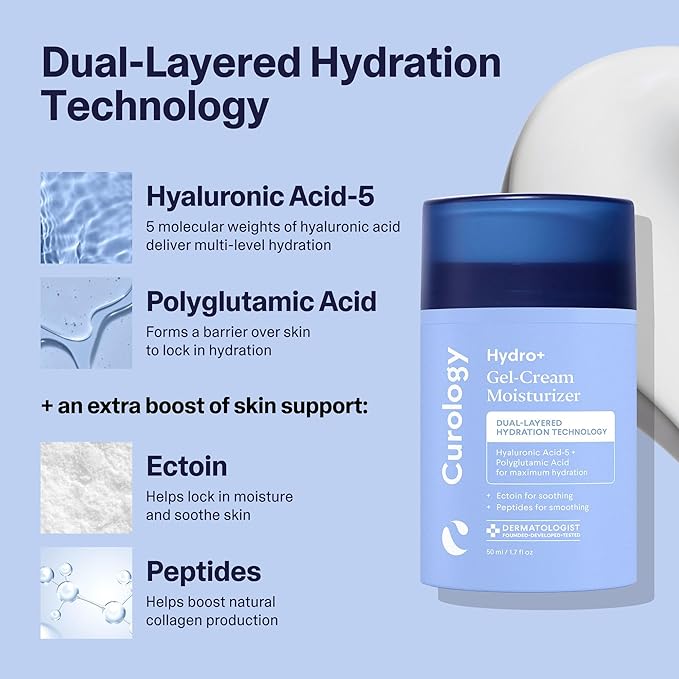 Curology Hydro+ Essentials Bundle, Foaming Gel Cleanser, Cream Moisturizer, and Cooling Caffeinated Eye Gel with Hyaluronic Acid, Peptides, and Niacinamide
