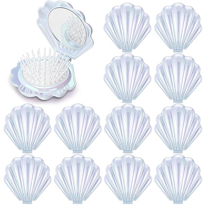 Meanplan 12 Pcs Mermaid Party Favors Shell Hair Brush with Mirror Foldable Mini Travel Pocket Hair Brush Compact Makeup Comb for Women Girls Valentines Day Birthday Gifts(White)
