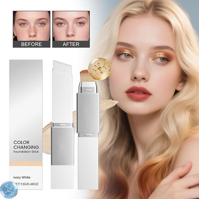 Color Changing Foundation Stick - 2 in 1 Foundation Stick with Brush, Hydrating Concealer Base Makeup, Korean Skin Care Foundation Stick, Perfect Match For All Skin Tones (Ivory)
