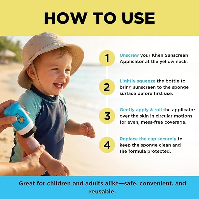 Sunscreen Applicator With Broad Spectrum SPF 50+ Sunscreen UVA/UVB Protection, Water-Resistant 5oz - Kids, Adults & Families, Refillable Roll on Sponge Spill Easy Application, Paraben Dye & Tear Free