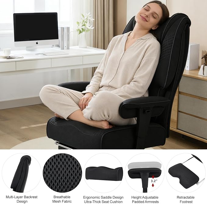 Big and Tall Office Chair 400lbs Wide Seat, Leather High Back Executive Office Chair with Lumbar Support, Ergonomic Chairs Padded Armrests & Thick Cushion (Mesh Dark Black)