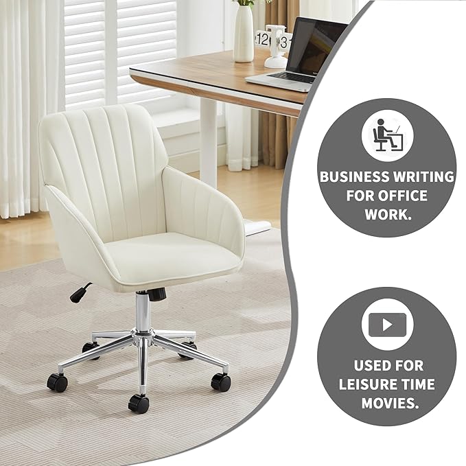 YITAI Velvet Office Desk Chair with Wheels and Silver Base,Modern Height Adjustable 360 Degree Swivel Upholstered Vanity Chairs with Arms for Living Room Bedroom, Study,White