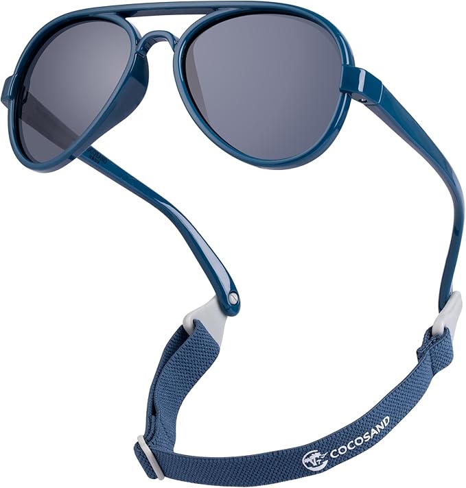 COCOSAND Baby Boys Girls Aviator Sunglasses with Strap Polarized Flexible Retro Pilot for Infants Toddler Age 0-24 Months