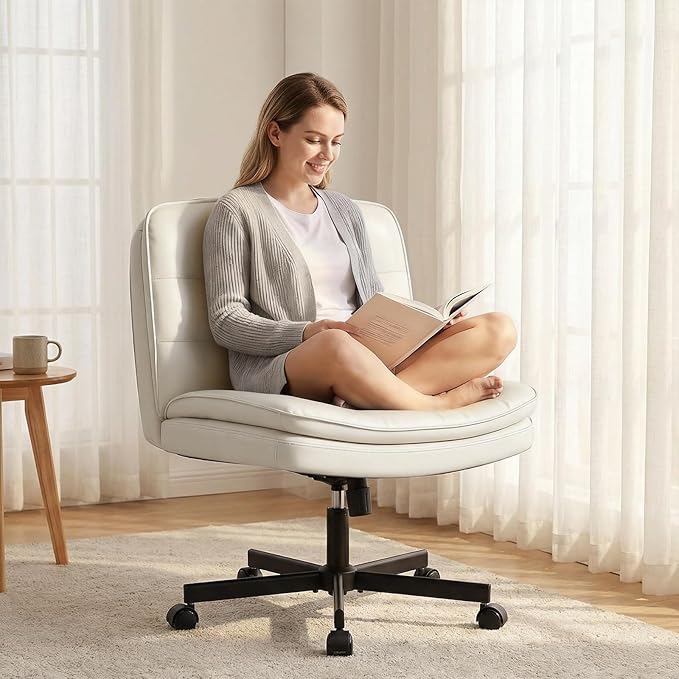 GTPLAYER Cross Legged Office Chair, Armless Desk Chair Cute Vanity Chair with Wheels Computer Chair Comfy Wide Office Chair Adjustable Swivel for Home Computer Task,Pu Leather Beige