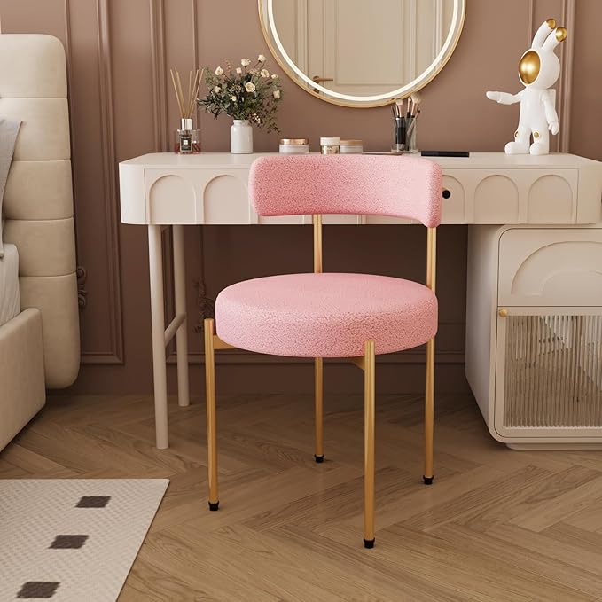 Desk Chair No Wheels Vanity Chair Comfy Accent Chairs for Living Dining Room Bedroom Home Office Mid Century Modern Upholstered Armless Chairs with Metal Legs (Gold Frame+Pink, 2)